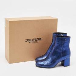 Zadig & Voltaire Blue Python Embossed Leather Block Heel Ankle Length Boots Size 36