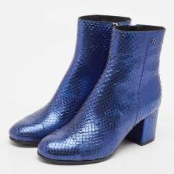 Zadig & Voltaire Blue Python Embossed Leather Block Heel Ankle Length Boots Size 36