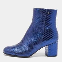 Zadig & Voltaire Blue Python Embossed Leather Block Heel Ankle Length Boots Size 36