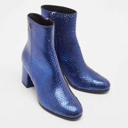 Zadig & Voltaire Blue Python Embossed Leather Block Heel Ankle Length Boots Size 36