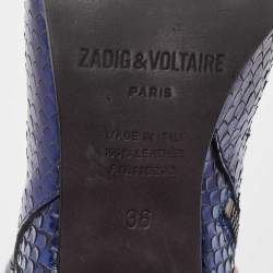 Zadig & Voltaire Blue Python Embossed Leather Block Heel Ankle Length Boots Size 36