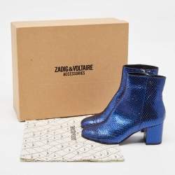 Zadig & Voltaire Blue Python Embossed Leather Block Heel Ankle Length Boots Size 36