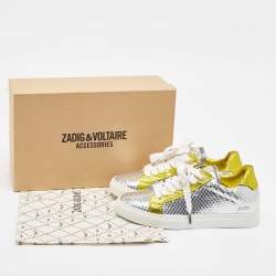 Zadig & Voltaire Silver Snakeskin Embossed Leather Lace Up Sneakers Size 36