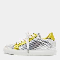 Zadig & Voltaire Silver Snakeskin Embossed Leather Lace Up Sneakers Size 36