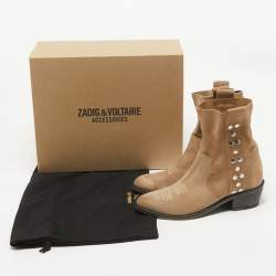 Zadig & Voltaire Beige Suede Studded Western Boots Size 38