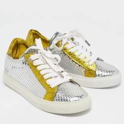 Zadig & Voltaire Silver/Gold Snakeskin Embossed Leather Lace Up Sneakers Size 36
