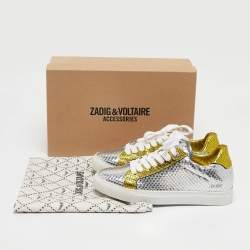 Zadig & Voltaire Silver/Gold Snakeskin Embossed Leather Lace Up Sneakers Size 36