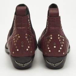 Zadig & Voltaire Burgundy Leather Thylana Studded Ankle Boots Size 37