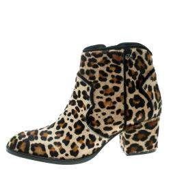 Zadig and Voltaire Brown Leopard Print Calf Hair Molly Leo Cowboy Boots Size 37