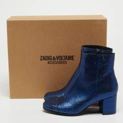 Zadiq & Voltaire Blue Python Embossed Leather Block Heel Ankle Booties Size 38
