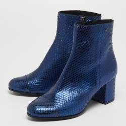 Zadiq & Voltaire Blue Python Embossed Leather Block Heel Ankle Booties Size 38