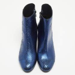 Zadiq & Voltaire Blue Python Embossed Leather Block Heel Ankle Booties Size 38