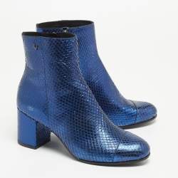 Zadiq & Voltaire Blue Python Embossed Leather Block Heel Ankle Booties Size 38