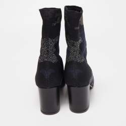 Pre Owned Zadig & Voltaire Blue/Black Camouflage Print Canvas Block Heel Ankle Length Booties Size 38