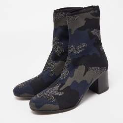 Pre Owned Zadig & Voltaire Blue/Black Camouflage Print Canvas Block Heel Ankle Length Booties Size 38