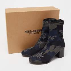 Pre Owned Zadig & Voltaire Blue/Black Camouflage Print Canvas Block Heel Ankle Length Booties Size 38