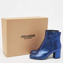 Zadiq & Voltaire Blue Python  Leather Block Heel Ankle Boots Size 37