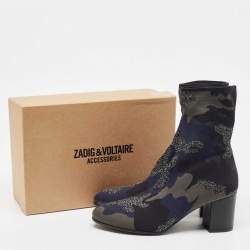 Zadig & Voltaire Blue/Black Camouflage Print Canvas Block Heel Ankle Boots Size 40