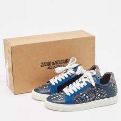 Zadig and Voltaire Tricolor Studded Leather and Suede Jungle Clous Sneakers Size 38