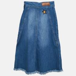 Zadig & Voltaire Blue Applique Denim Raw Edge Midi Skirt S