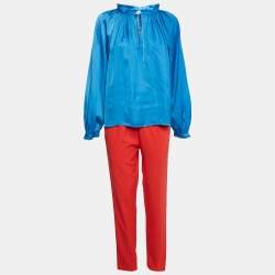 Zadig & Voltaire Blue Satin Ruffled Top and Pants Set L