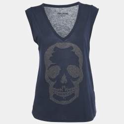 Zadig & Voltaire Navy Blue Skull Stud Cotton and Modal Knit Brooklyn Strass Top S