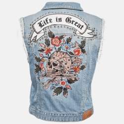 Pre Owned Zadig & Voltaire Blue Embroidered Denim Sleeveless Kio Brode Jacket L