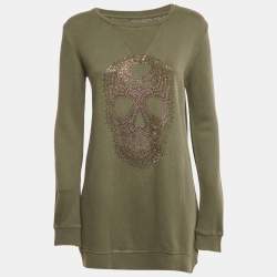 Pre Owned Zadig & Voltaire Sage Green Skull Embellished Cotton Anael Tunic Sweater S