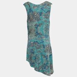 Pre Owned Zadig & Voltaire Green Printed Crepe Asymmetric Hem Root Robe Short Dress M