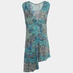 Pre Owned Zadig & Voltaire Green Printed Crepe Asymmetric Hem Root Robe Short Dress M