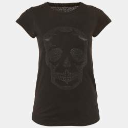 Pre Owned Zadig & Voltaire Black Jersey Skinny Skull Studs T-Shirt S