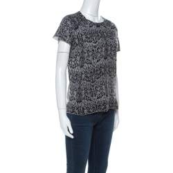 Zadig and Voltaire Grey & Black Printed Half Sleeve Silk-Cashmere Blend Top M 