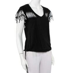 Pre Owned Zadig & Voltaire Black Cotton Scoop Neck Wanda Fringes T-Shirt XS