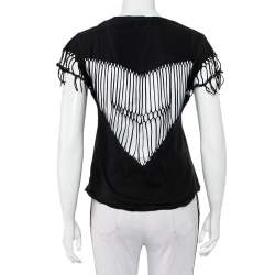 Pre Owned Zadig & Voltaire Black Cotton Scoop Neck Wanda Fringes T-Shirt XS