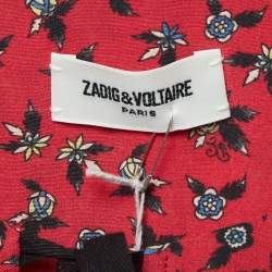 Pre Owned Zadig & Voltaire Red Floral Print Crepe Tie-Up Neck Mini Dress L