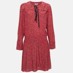 Pre Owned Zadig & Voltaire Red Floral Print Crepe Tie-Up Neck Mini Dress L