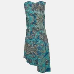 Pre Owned Zadig & Voltaire Blue Printed Crepe Asymmetrical Sleeveless Midi Dress XS