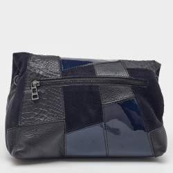 Pre Owned Zadig & Voltaire Black/Navy Blue Leather and Suede Patchwork Flap Shoulder Bag
