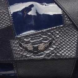 Pre Owned Zadig & Voltaire Black/Navy Blue Leather and Suede Patchwork Flap Shoulder Bag