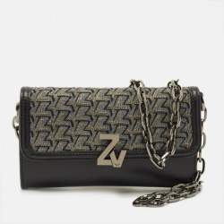 مملوكة مسبقًا Zadig & Voltaire Le City Black Printed Fabric and Leather Wallet On Chain