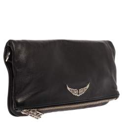Pre Owned Zadig & Voltaire Black Leather Rock Foldover Crossbody Bag