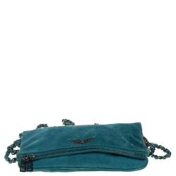 Pre Owned Zadig and Voltaire Teal Blue Suede Rocky Foldover Shoulder Bag