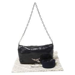 Pre Owned Zadig & Voltaire Navy Blue Crackled Patent Leather Rock Shoulder Bag