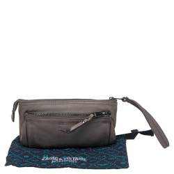 Pre Owned Zadig and Voltaire Grey Leather Skull Studded Wristlet Pouch
