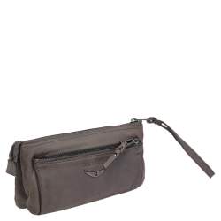 Pre Owned Zadig and Voltaire Grey Leather Skull Studded Wristlet Pouch