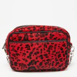 Zadig & Voltaire Red/Black Calf Hair and Leather Leopard Print Camera Bag