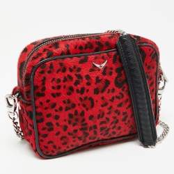 Zadig & Voltaire Red/Black Calf Hair and Leather Leopard Print Camera Bag