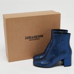 Zadig & Voltaire Blue Python Embossed Leather Block Heel Ankle Boots Size 36