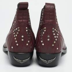 Pre Owned Zadig & Voltaire Burgundy Leather Studded Ankle Length Boots Size 41