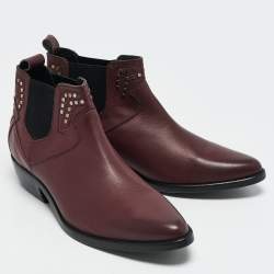 Pre Owned Zadig & Voltaire Burgundy Leather Studded Ankle Length Boots Size 41